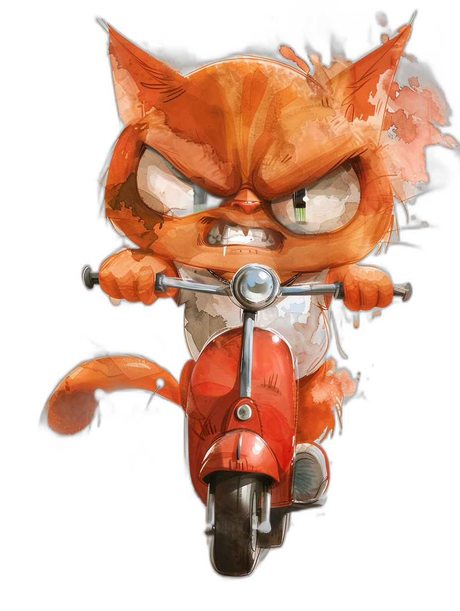 A cute orange cat with an angry expression rides on a scooter against a black background in the watercolor style. The artwork is in the style of Pixar and Disney with a high resolution digital art style.