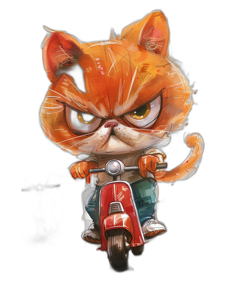 grumpy orange cat character on scooter, in the style of [Martin Ansin](https://goo.gl/search?artist%20Martin%20Ansin) and [Greg Tocchini](https://goo.gl/search?artist%20Greg%20Tocchini), full body shot, black background, digital art style