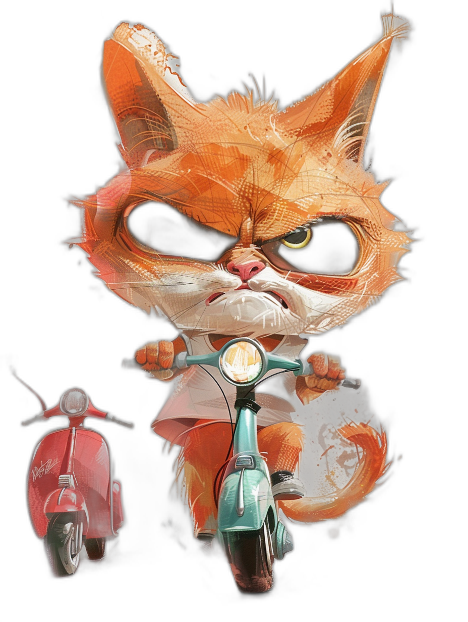 A cute orange cat with black eyes, wearing an angry expression and riding on the back of two red Vespas in a cartoon style, on a black background, as vector art, digital painting, character design sheet, character concept art in the style of Grzegorz Domaradski Artstation and Pascal Campion.