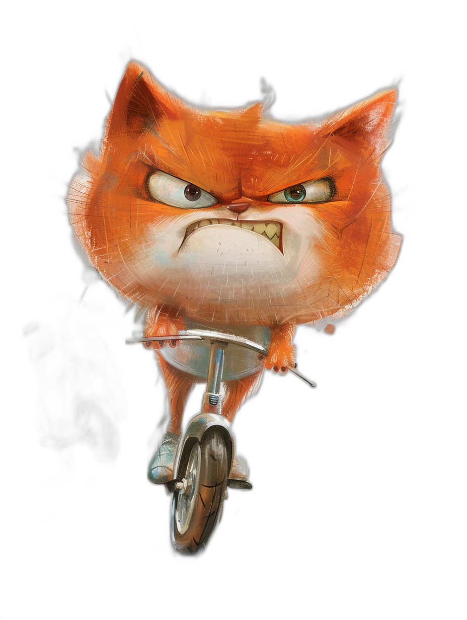 angry orange cat on unicycle, cartoon character design in the style of [Tiago Hoisel](https://goo.gl/search?artist%20Tiago%20Hoisel), caricature-like, playful caricatures