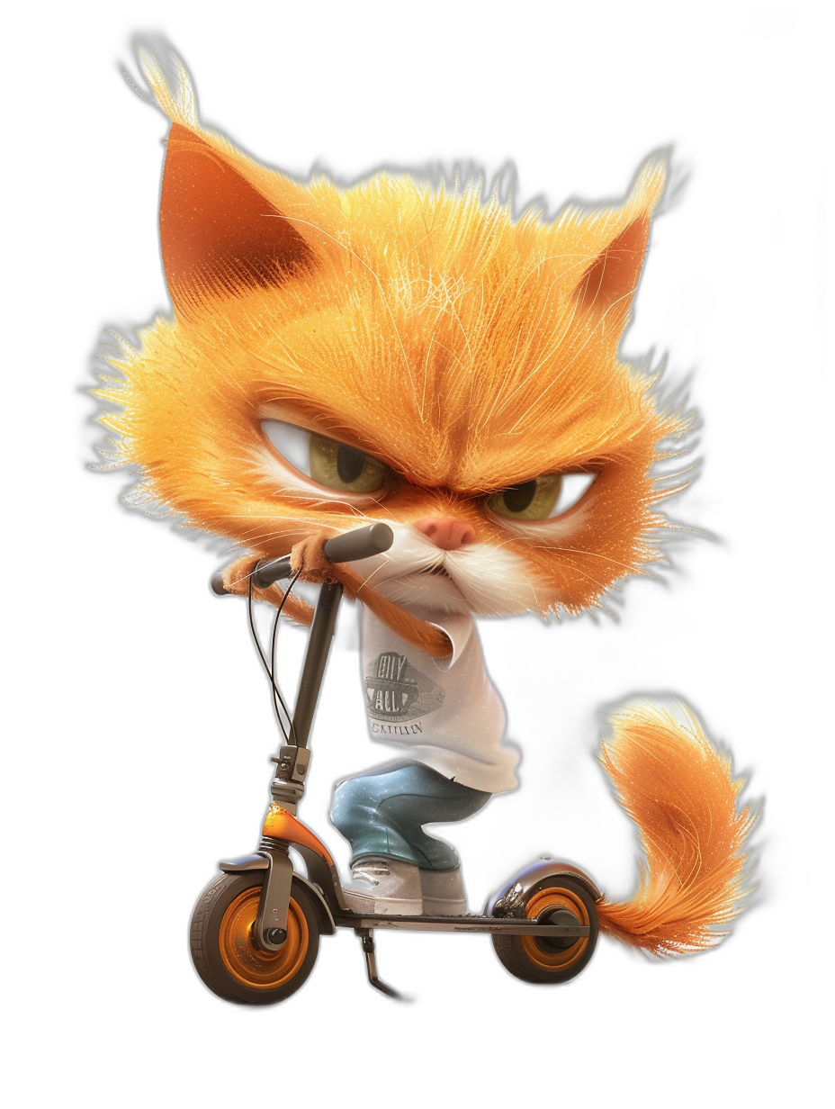 grumpy orange cat cartoon character with a big head and small body, riding a scooter against a black background, in the style of Pixar, with high resolution and highly detailed