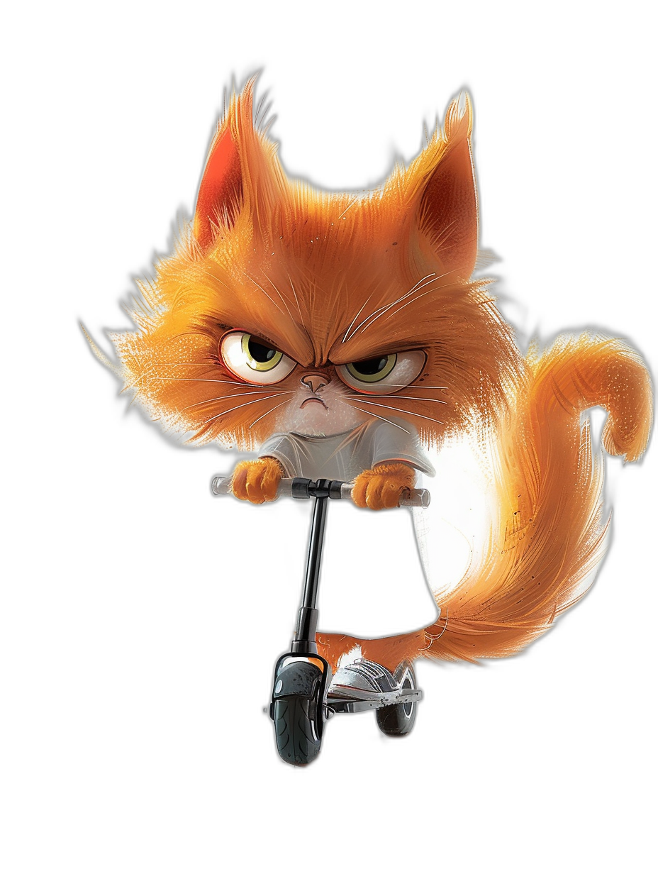 A cute orange cat riding an electric scooter, with angry eyes and tail raised high, illustrated in the style of Pixar against a black background. The cartoon character is depicted in full-body, with detailed fur texture and expressive facial features.