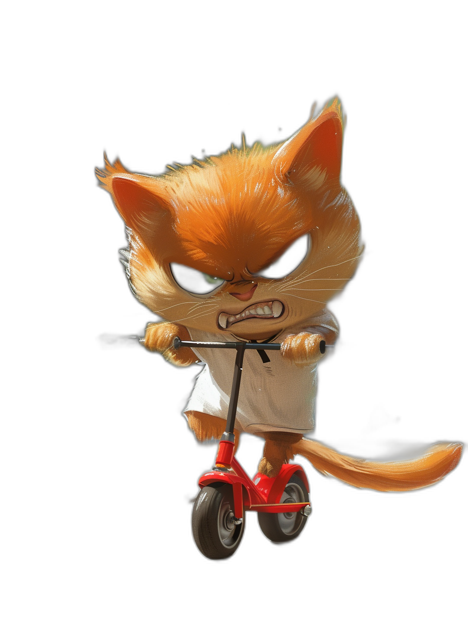 A cute orange cat, wearing a white shirt and shorts, riding a red scooter with an angry facial expression against a black background in a full body shot. The artwork is in the style of Pixar with Disney rendering, featuring a simple design without outlines and hyper detailed in high definition.