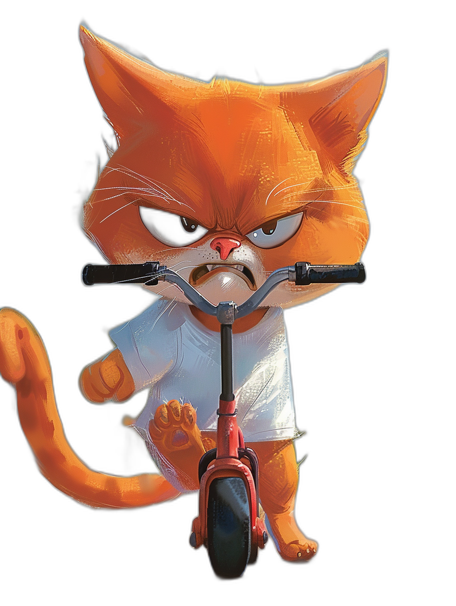 Illustration of an angry orange cat wearing a white t-shirt, riding a red scooter with a black background, in the style of Pixar and Disney animation.