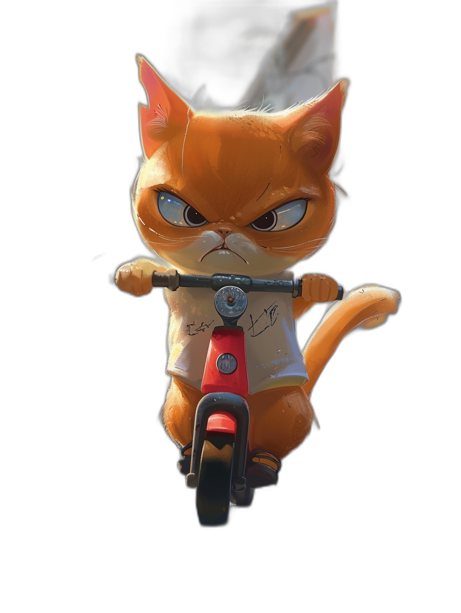 character design, an angry orange cat riding on the back of a scooter bike with a white t-shirt and black background, concept art in the style of Pixar studio, cute and adorable cartoonish character design, rendered in Cinema4D, high resolution, detailed illustration, high definition