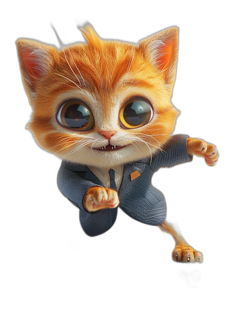 3D render of a cute ginger cat in a suit flying on a black background, with big eyes, in the style of Pixar, a cute cartoon character, rendered in Unreal Engine 5, cute, adorable, cutecore