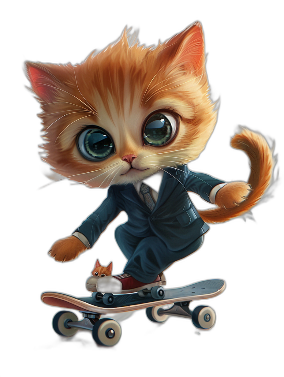 digital art of a cute kitten, wearing a suit, skating on a skateboard against a black background, in the style of big head and small body, with a cool expression, blue eyes, and fluffy hair