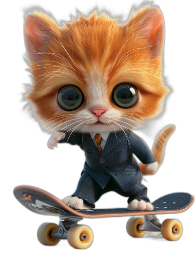 3D smooth caricature styled full length avatar of cute ginger cat in suit on skateboard with big eyes against black background,