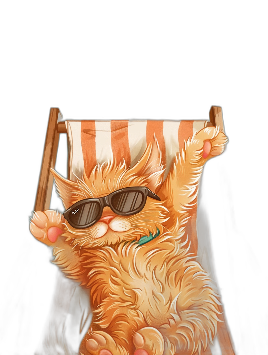 digital art of cool and fat orange cat , wearing sunglassesin the beach chair with white striped cover, hand up to touch hair, black background , chill mood