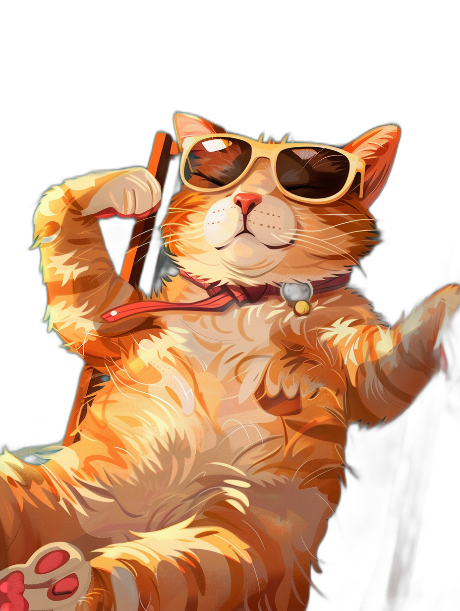 digital art of cool and fat orange cat , playful character designs, the sun glasses cover her eyes, wearing red collar with gold bell hanging on it, holding one selfie stick in left hand and sitting on chair, black background , chilling happy and funny