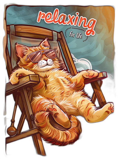 t-shirt design with the text "relaxing for life", a ginger cat lounges on a lawn chair, wearing sunglasses, in the style of Cartoon Art and Pixar, vintage poster art style, detailed