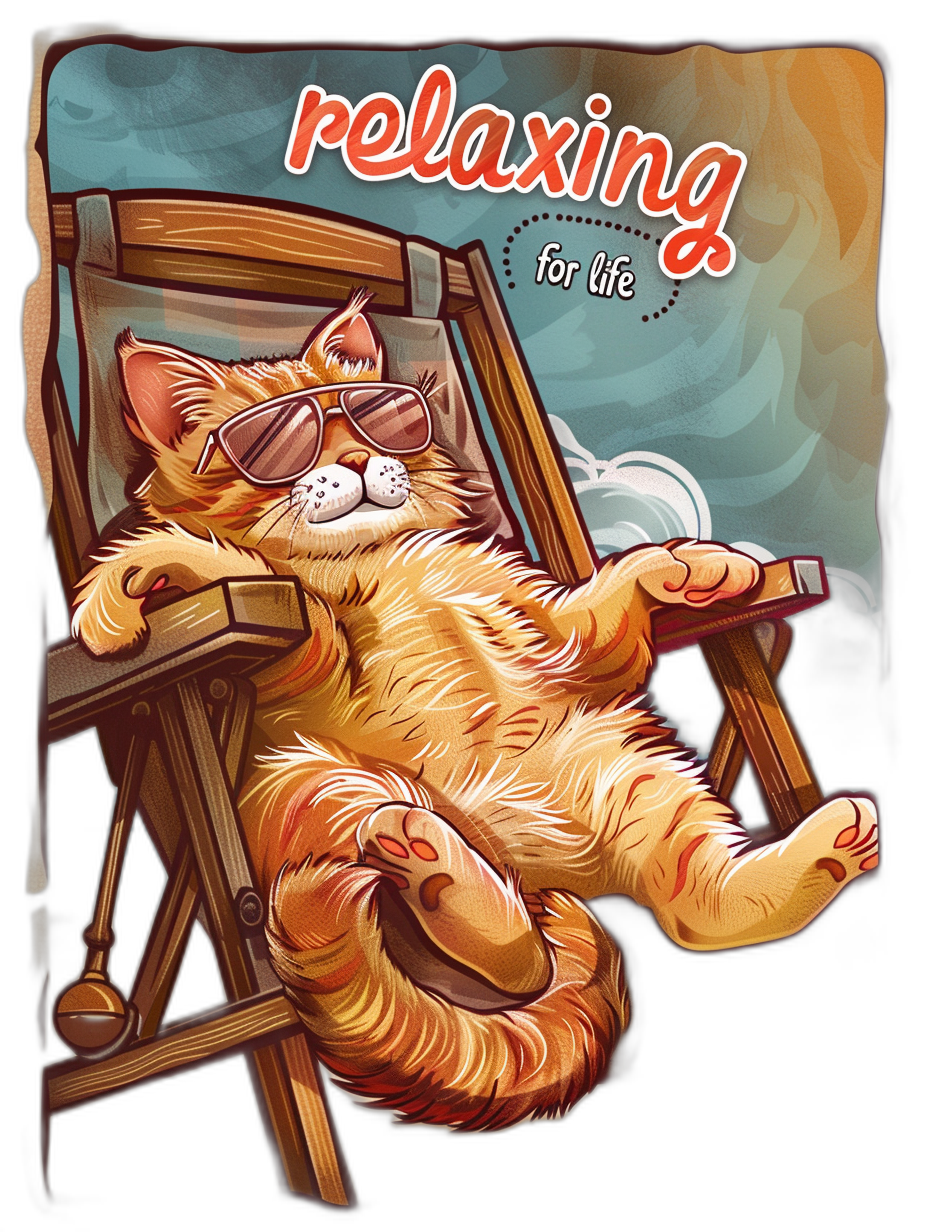 t-shirt design with the text “relaxing for life”, a ginger cat lounges on a lawn chair, wearing sunglasses, in the style of Cartoon Art and Pixar, vintage poster art style, detailed
