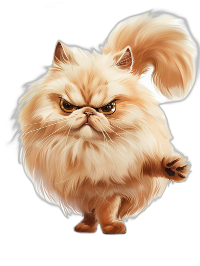 realistic persian cat cartoon, angry expression, full body walking on black background, caricature style, pixar quality