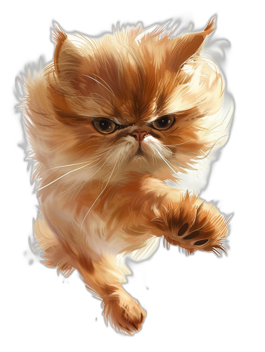 realistic digital illustration of an angry Persian cat, jumping at the camera against a black background, with detailed fur, in the style of cute and adorable