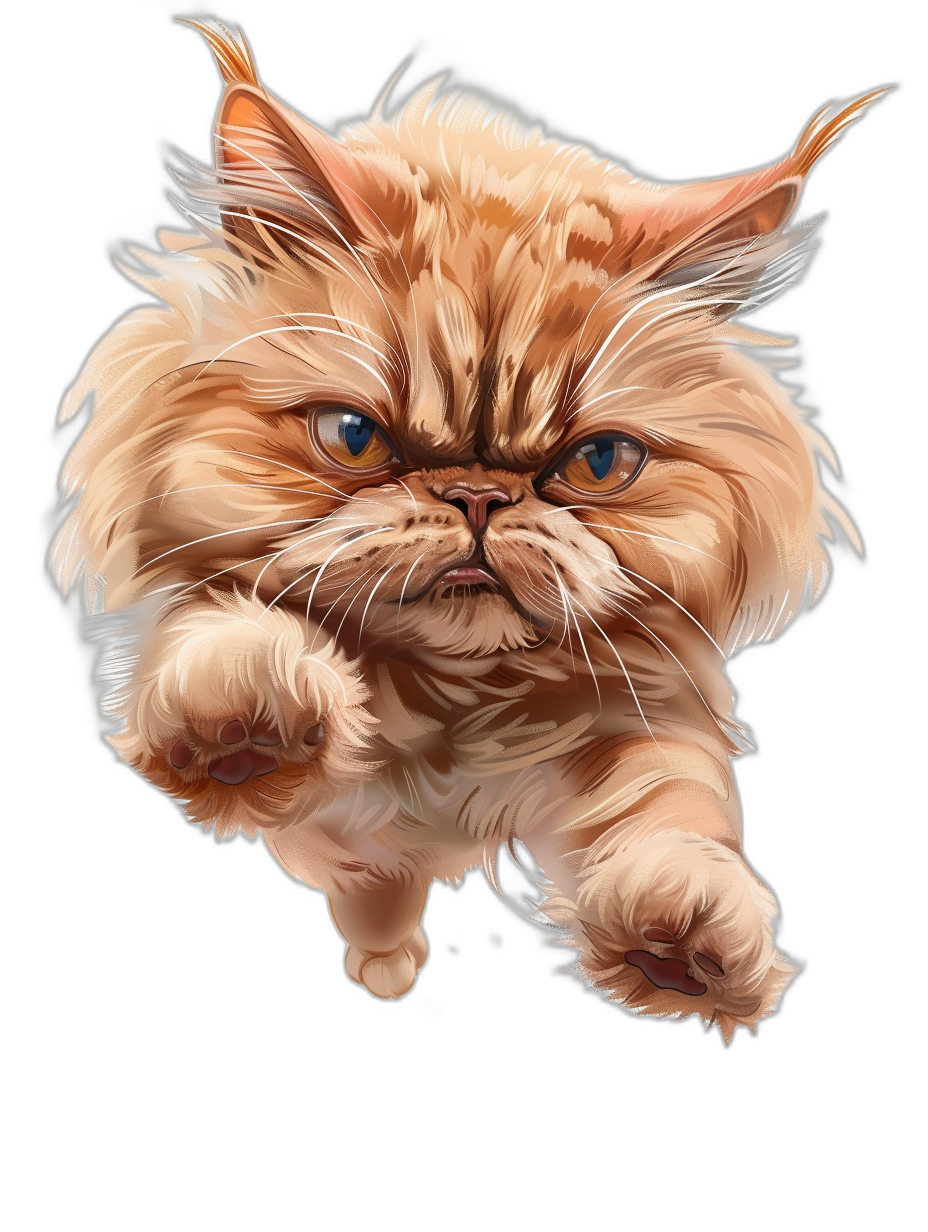 A flying Persian cat with sharp claws and an angry expression in the style of digital airbrushing on a black background, with cartoon realism, caricature faces, a full body portrait, and close up at high resolution.