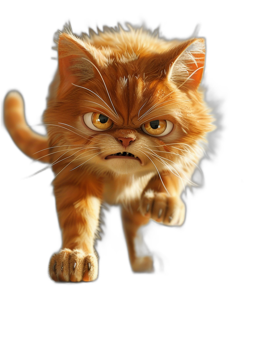 angry orange cat running, caricature in the style of mad magazine, solid black background, hyper realistic style