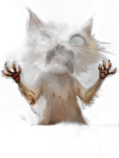 A very scary and terrifying cat monster with sharp teeth, big eyes, white fur and claws is screaming in anger. The background behind its body should be a dark black. It has its hands outstretched as if to hug something, in the style of a digital art. The style is cartoon-like, with a high resolution, hyper realistic details, and high contrast. The shot is from a low angle and wide view, zoomed out to show the full figure.