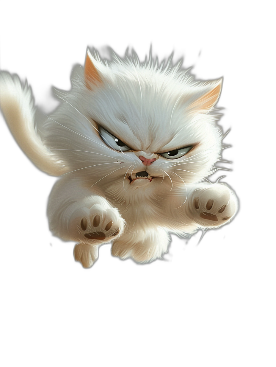 white cat, angry expression, white fur, jumping pose, cartoon style, black background, high quality, high resolution, cute, detailed, in the style of Pixar