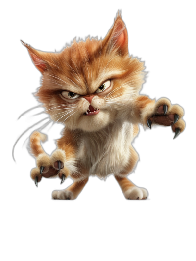 character design of an angry cat in a fighting pose, paws extended forward, isolated on a black background, full body shot, in the style of Pixar