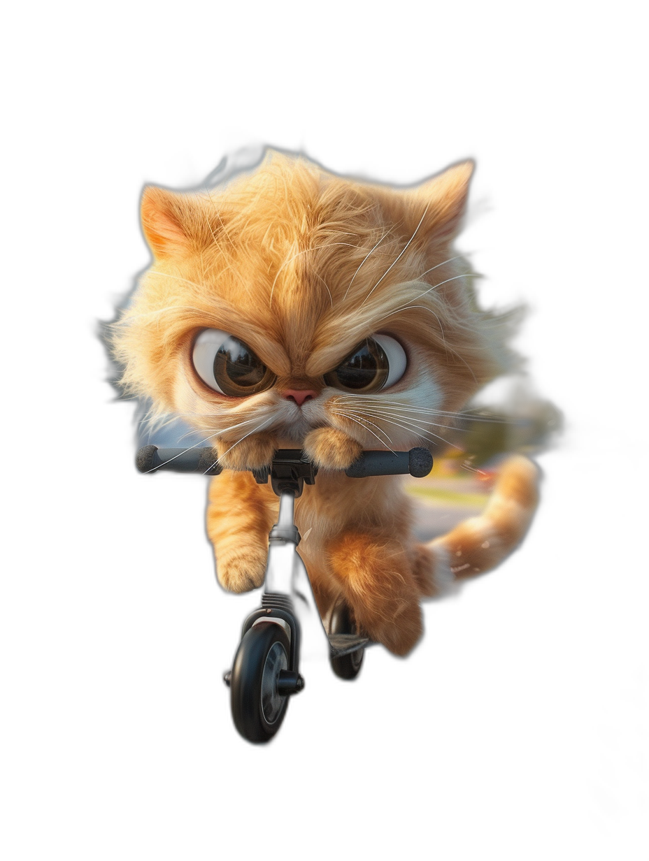 front view of an angry yet cute persian cat with big expressive eyes riding on a scooter against a black background, in the style of Pixar, as a 3D cartoonish character in a full body shot with a wide angle view.