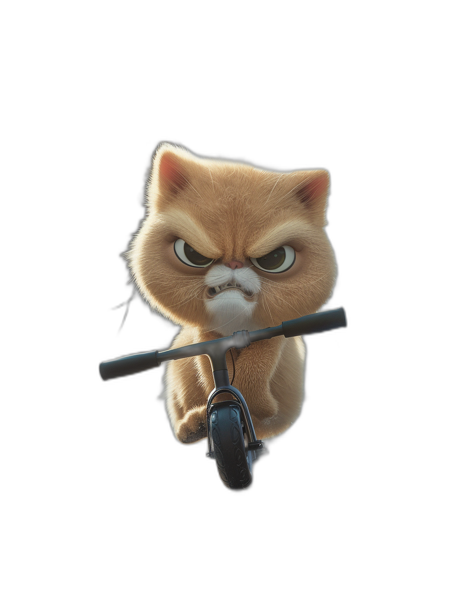 A cute cartoon cat riding an electric scooter with an angry expression on a black background in a frontal view, captured with high definition photography in the style of Pixar.