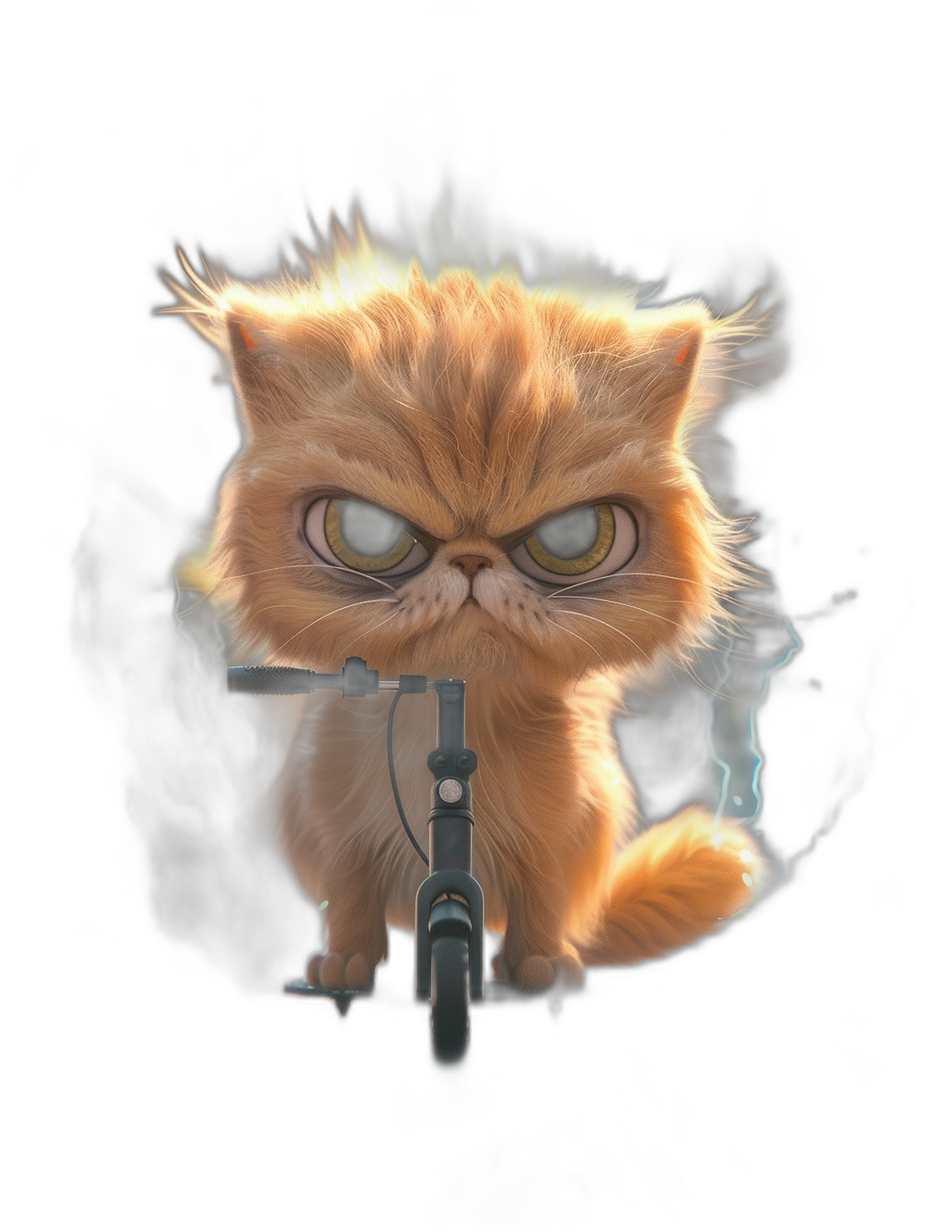 front view of an angry persian cat with big eyes riding an electric scooter on a black background, in the style of cartoon, in the style of Pixar, with cinematic lighting, rendered in Octane, very detailed, high resolution