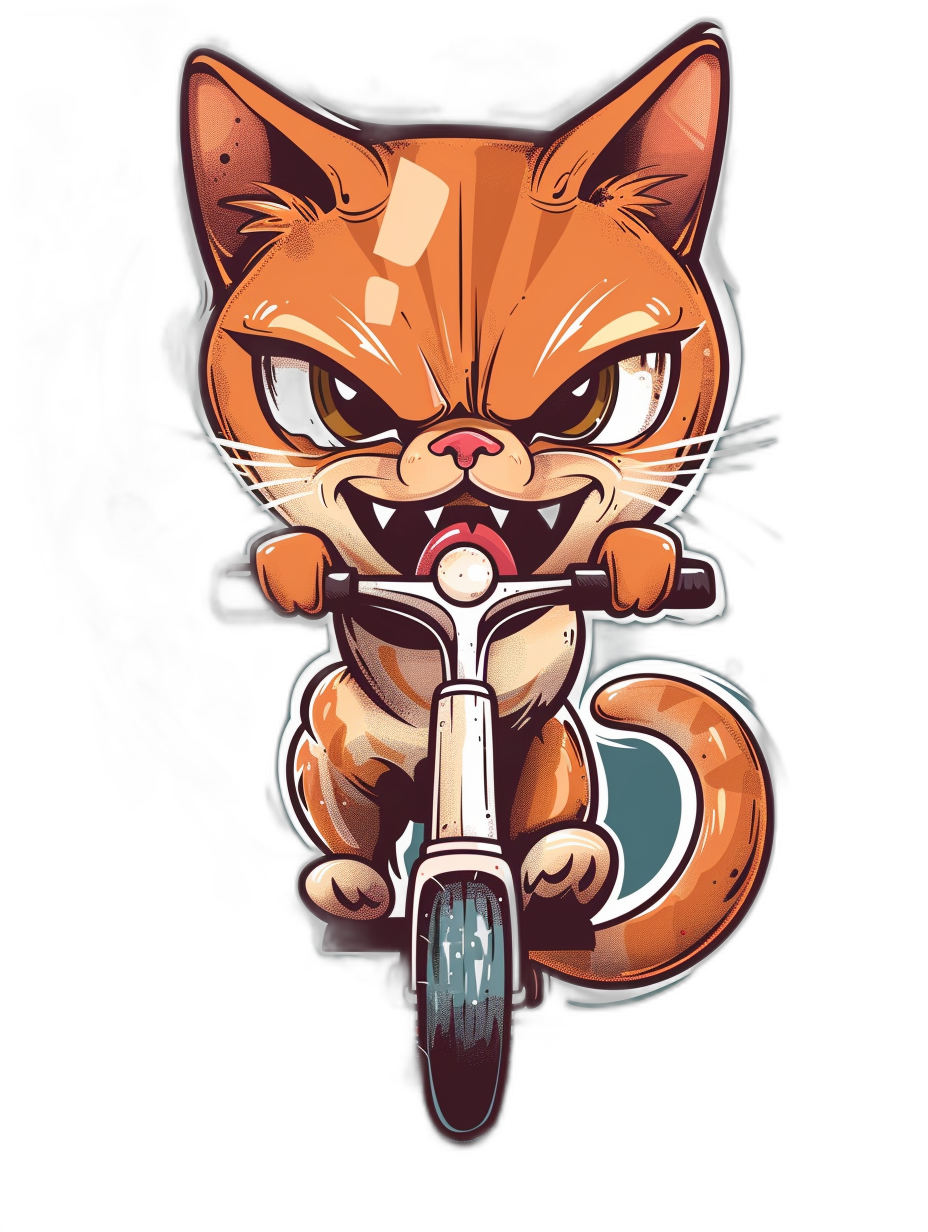 vector design of an angry cat riding a scooter, isolated on a black background, in a cartoon style, t-shirt print design