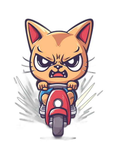 Cute chibi cat riding motorbike with angry face, vector illustration for t-shirt design, black background. The illustration is in the style of a vector drawing for a t-shirt design with a black background.