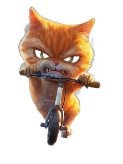 realistic orange cat riding scooter, angry expression, dark background, in the style of Pixar