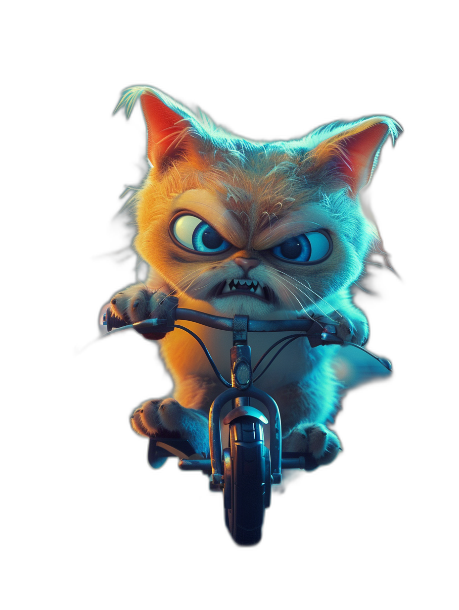 character design of an angry cat riding on a bike, in a cartoon style, with a glow effect, on a dark background, with colorful lights, using a black and blue color scheme, at a high resolution, with cinematic lighting, soft shadows, and a clean sharp focus, showing the full body in a shot, rendered with Octane, as 3D art, in high definition.