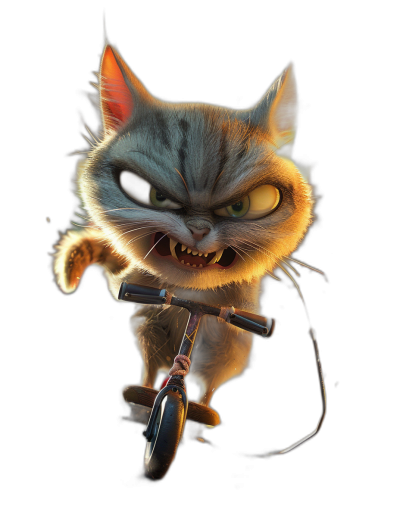 evil smiling cat riding on two wheels, in the style of Pixar, black background, high resolution, hyper realistic