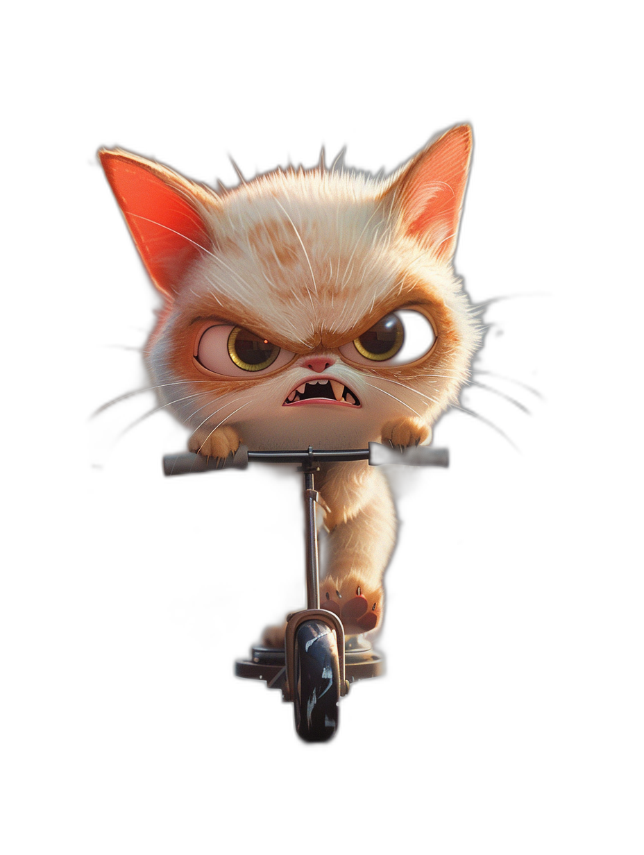 grumpy cat on scooter, angry face, cartoon style, on black background, high resolution, in the style of Pixar, cute