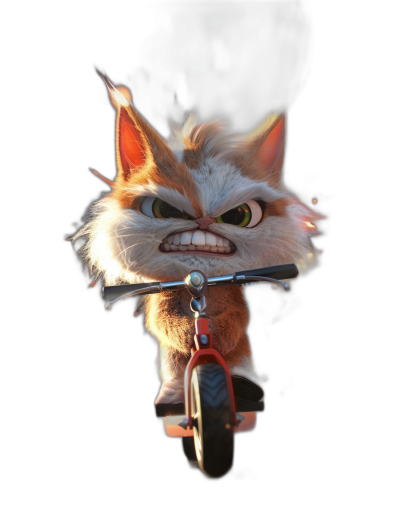 front view of an angry cute fluffy furry baby cat riding on a bike, in the style of Pixar, black background, high resolution, hyper realistic octane render