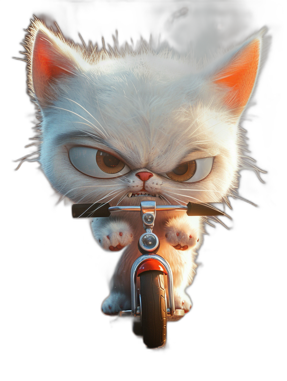 grumpy white cat with big eyes, riding motorcycle, in the style of Pixar, black background, high resolution, hyper realistic, cute cartoon character
