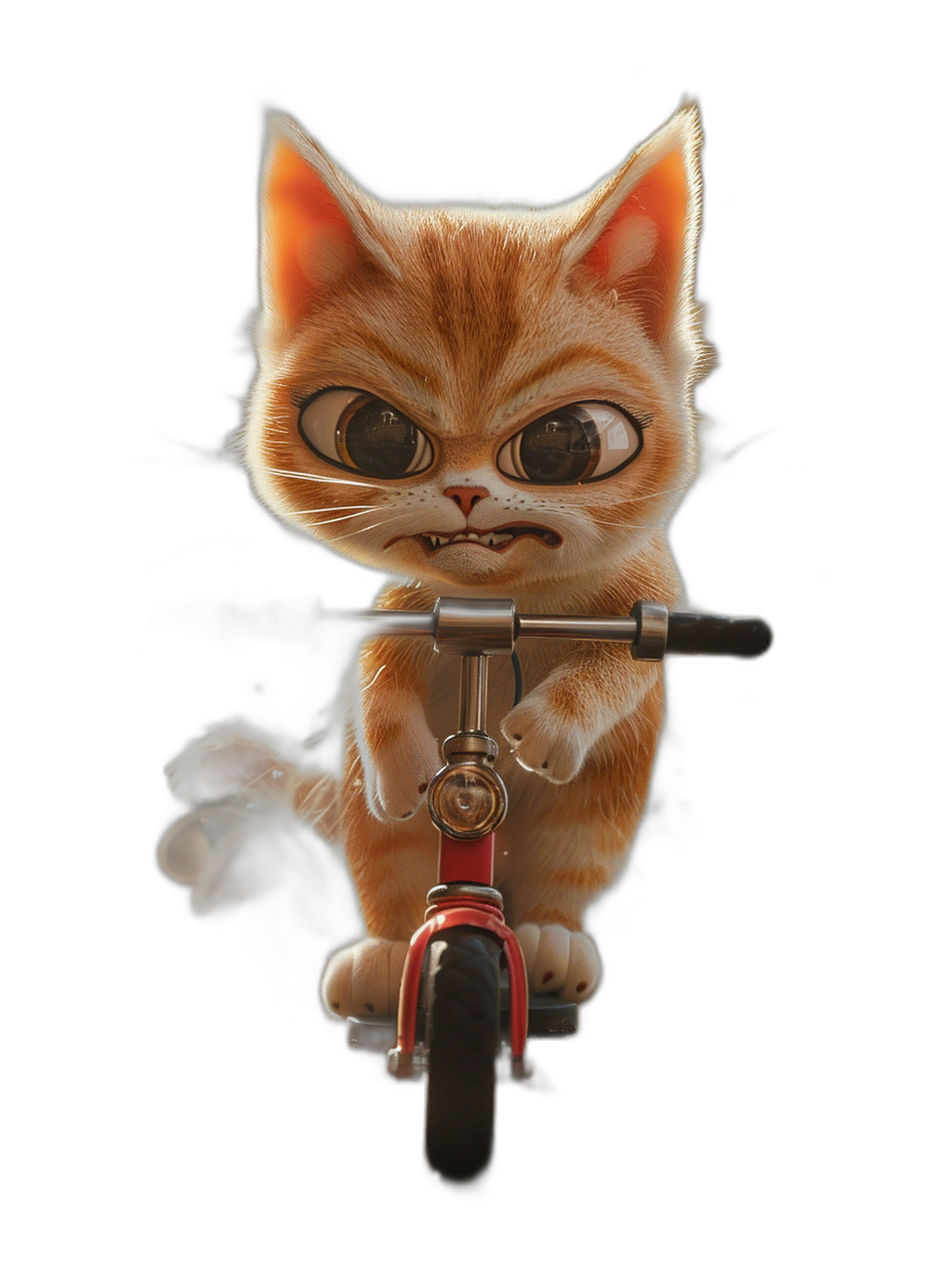 3D render of a cute ginger cat with big eyes riding a scooter against a black background, in the style of Pixar.