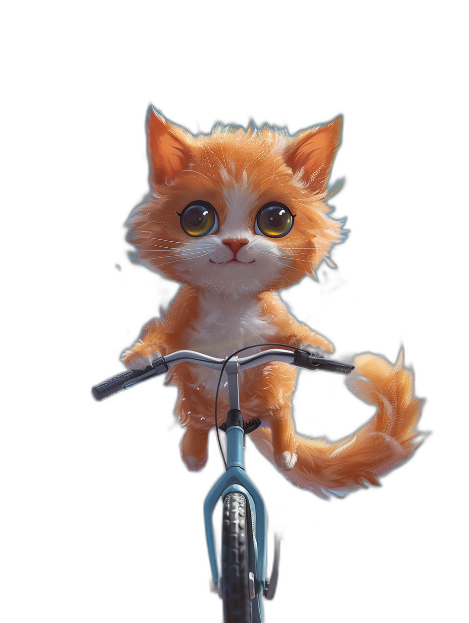 Cute orange cat riding a bicycle in the style of Pixar, in a cartoon style with a black background, 3D rendered with high resolution photography and high detail, in the styles of Disney and anime, with a chibi character design featuring big eyes and bright colors in a full body shot of the cute pet with fluffy fur.