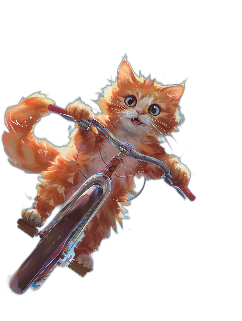 Cute orange cat riding on a bicycle, flying through the air, in full view, against a black background, in the style of Pixar studio’s concept art style, in a fantasy scene, as a digital painting illustration, with sharp focus, at a high resolution.