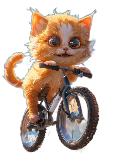 Cute orange cat riding bicycle against a black background in the style of hyper-realistic illustration. The cat has Disney animation-like furry art with 3D texturized fur, big eyes and a happy expression in a cute cartoon design.