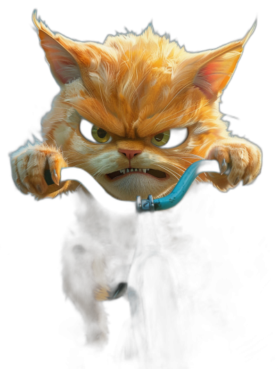 realistic digital art of an angry orange cat riding on the front end of bicycle with blue handle bar, black background, front view,