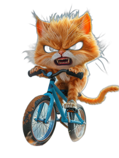 3d render of cute angry ginger cat riding blue bicycle, black background,