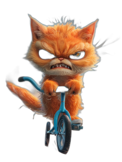 A cute orange cat riding on a blue tricycle, with an angry face, in the style of Pixar, on a black background, with high resolution and highly detailed.