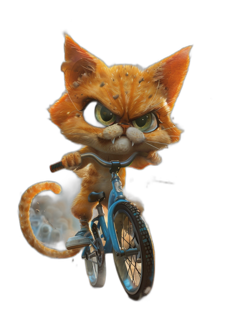 A cute orange cat with big eyes, riding on the front of a bicycle and smoking, with an angry expression, in a full body shot, against a black background, in the style of Pixar, with high definition photography.