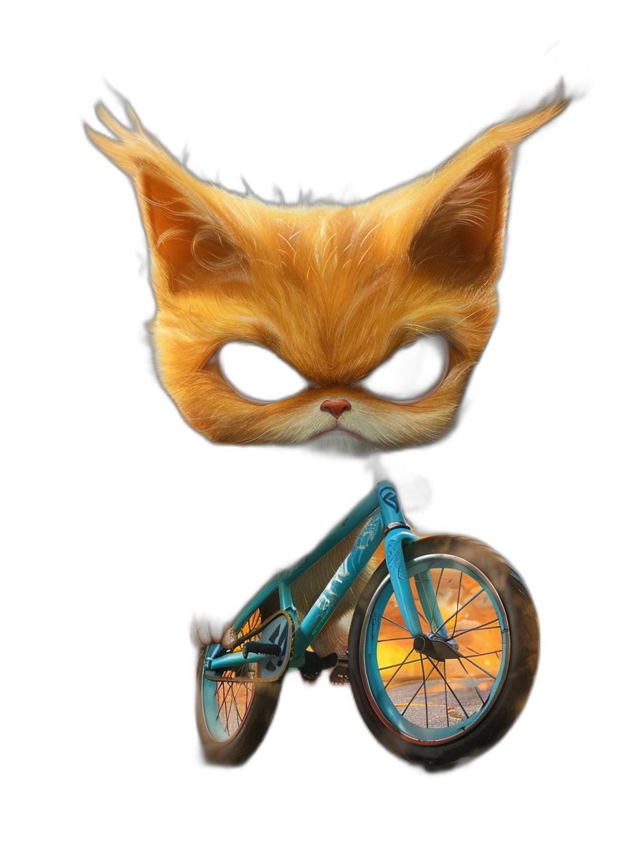 a cute furry cat with big eyes and long ears, riding on an blue mountain bike in the style of Pixar, with orange fur, yellow light coming from inside its body, black background, cartoon illustration, high resolution