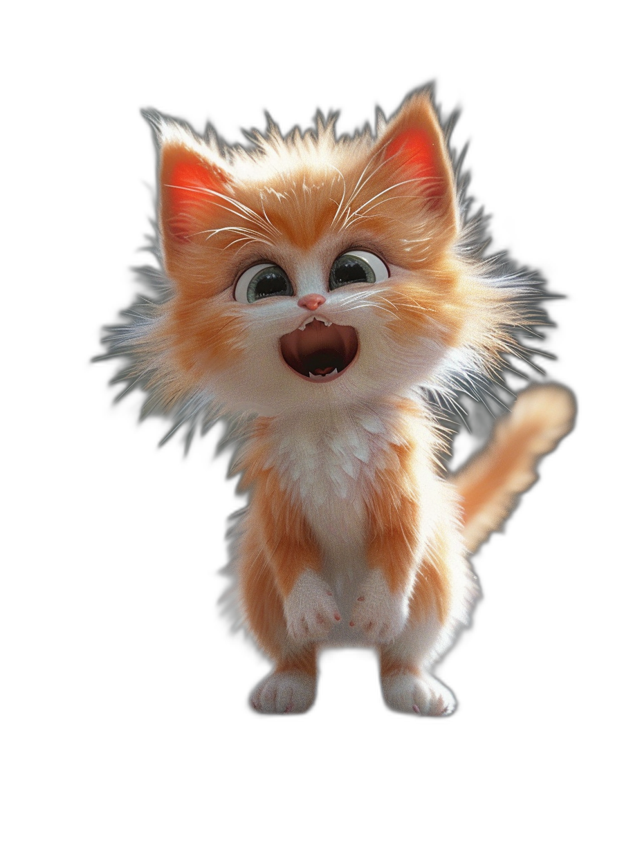 3D render of a happy smiling cute ginger kitten on a black background, in the style of Disney Pixar, with octane rendering, in the style of Unreal Engine, with hyper realistic and hyper detailed style.