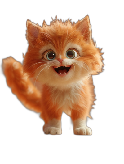 3D render of a happy orange cat with fluffy hair, cute big eyes, a smiling mouth with its tongue sticking out, on a black background, shown in a full body shot, rendered with Octane in the style of Pixar.