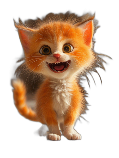 3D render of a happy smiling orange kitten in the style of a cute cartoon, on a black background, with highly detailed and intricate features, rendered in a hyper realistic and cinematic lighting style using octane rendering and studio photography techniques, with sharp focus.