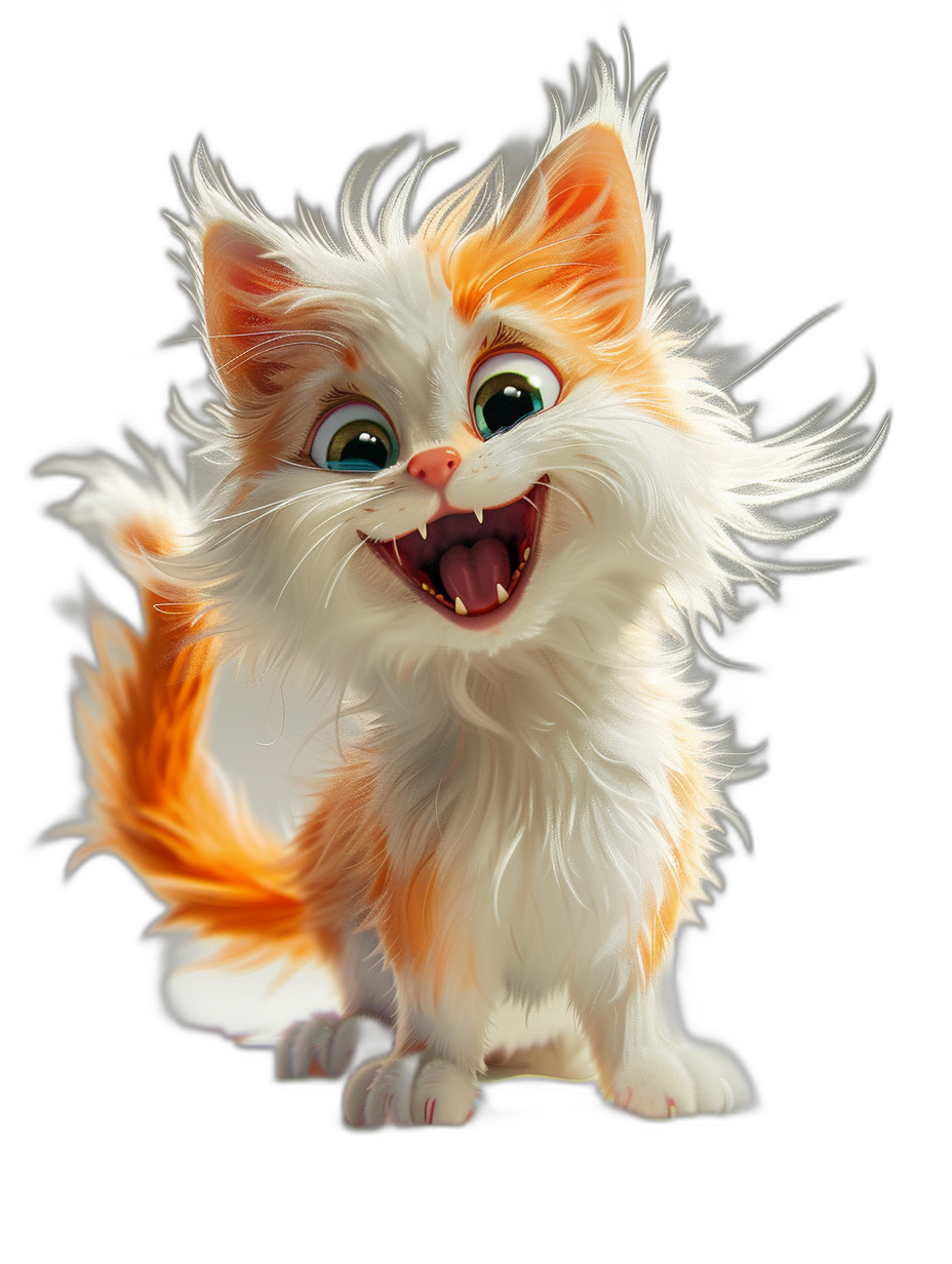 smiling cute fluffy furry baby orange and white cat, Pixar style character design, black background, concept art in the style of Disney animation studio