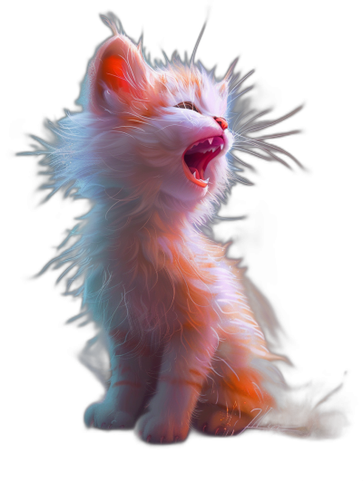 A cute and adorable kitten is howling in a cute pet portrait done in the style of digital art on a black background with white fur, glowing hair, a fluffy tail, and a happy expression in soft lighting with high resolution, vibrant colors, and detailed textures of its feline features.