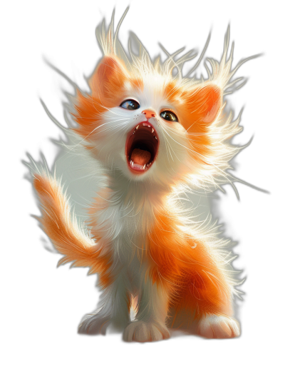 A very cute fluffy kitten, with white and orange fur and long hair, screaming in anger on the wind in the style of Disney, a 3D render on a black background, detailed, high resolution.