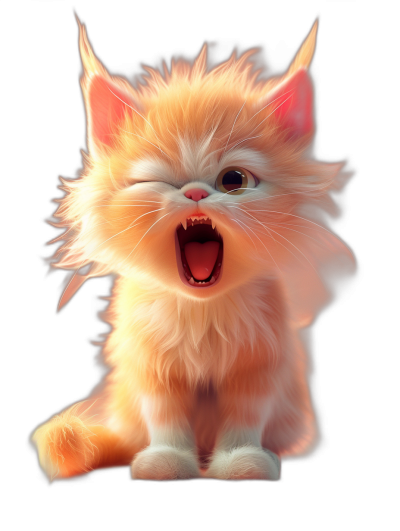 3D render of a cute fluffy kitten howling with its mouth open, on a black background, character design in the style of Pixar, digital art